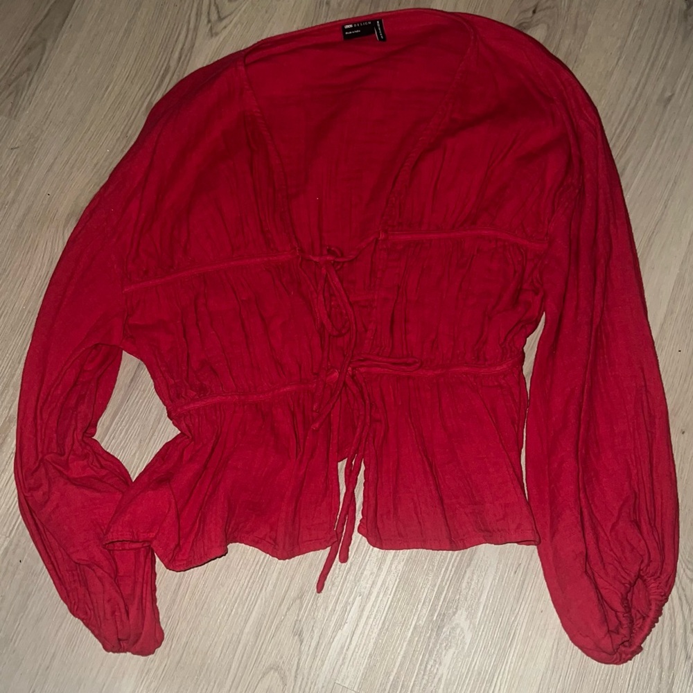 ASOS DESIGN Dark Red Long Sleeve Smock Top Size 14 | Tie-Front